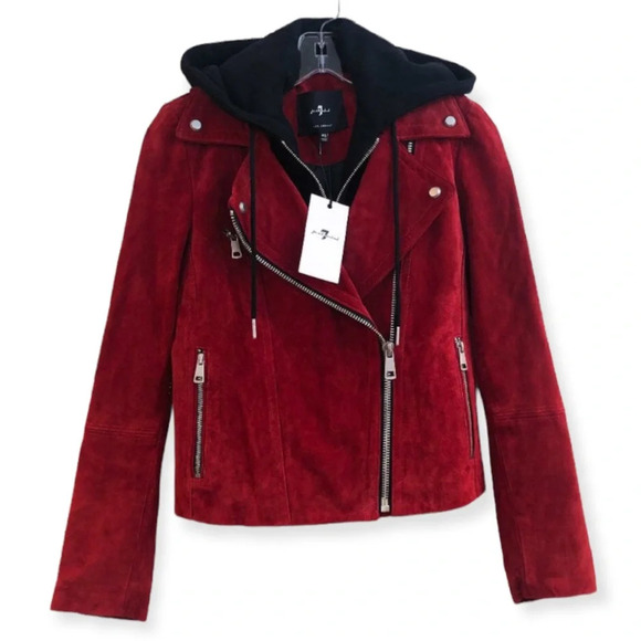 7 For All Mankind Red Leather Bold Western Detachable Hooded Moto Zip Jacket NWT - Picture 1 of 11